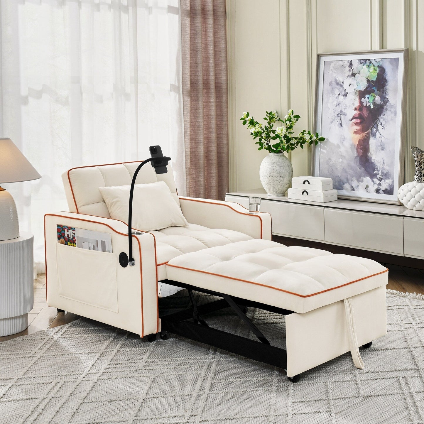Velvet Single Convertible Sofa Bed with USB Charging Port