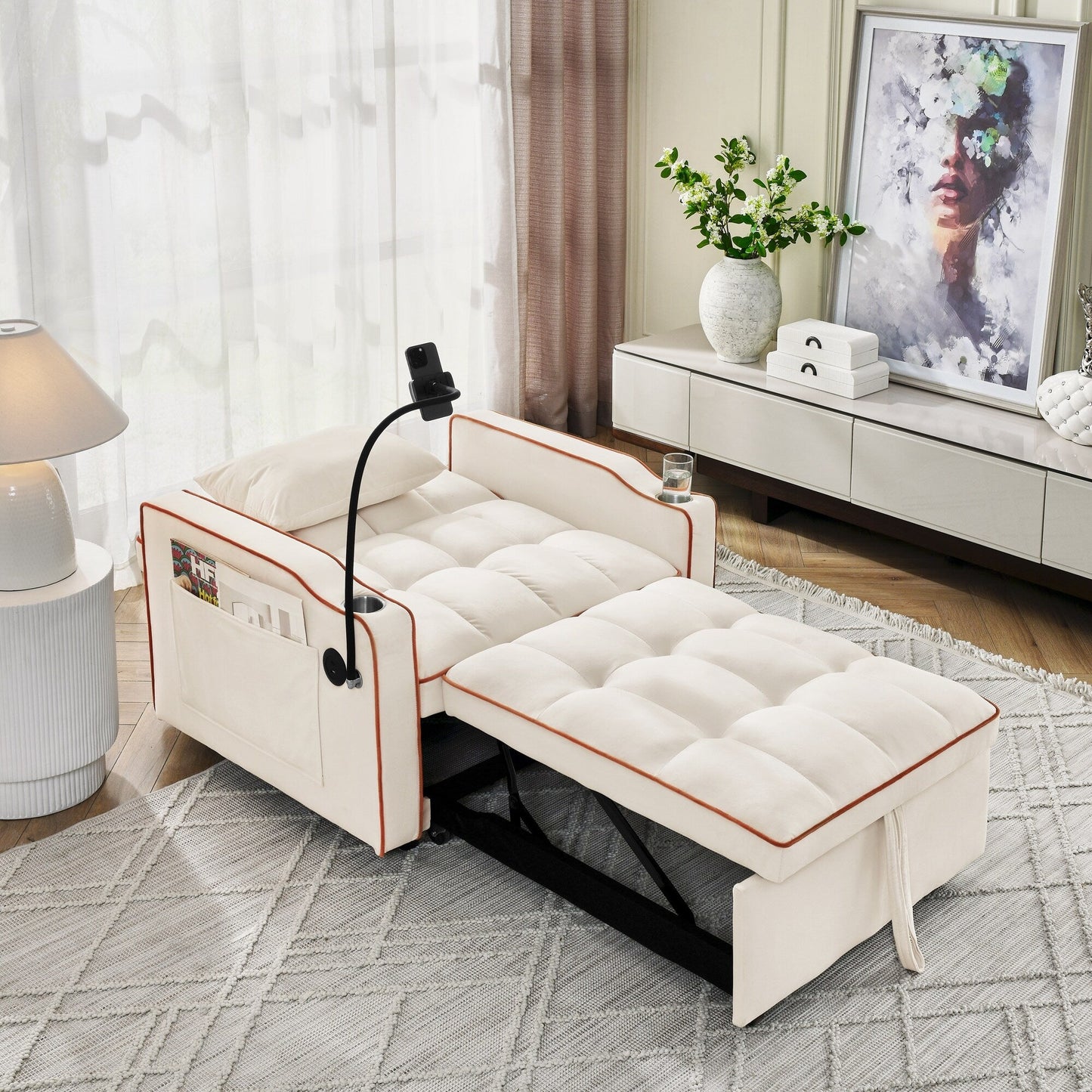 Velvet Single Convertible Sofa Bed with USB Charging Port