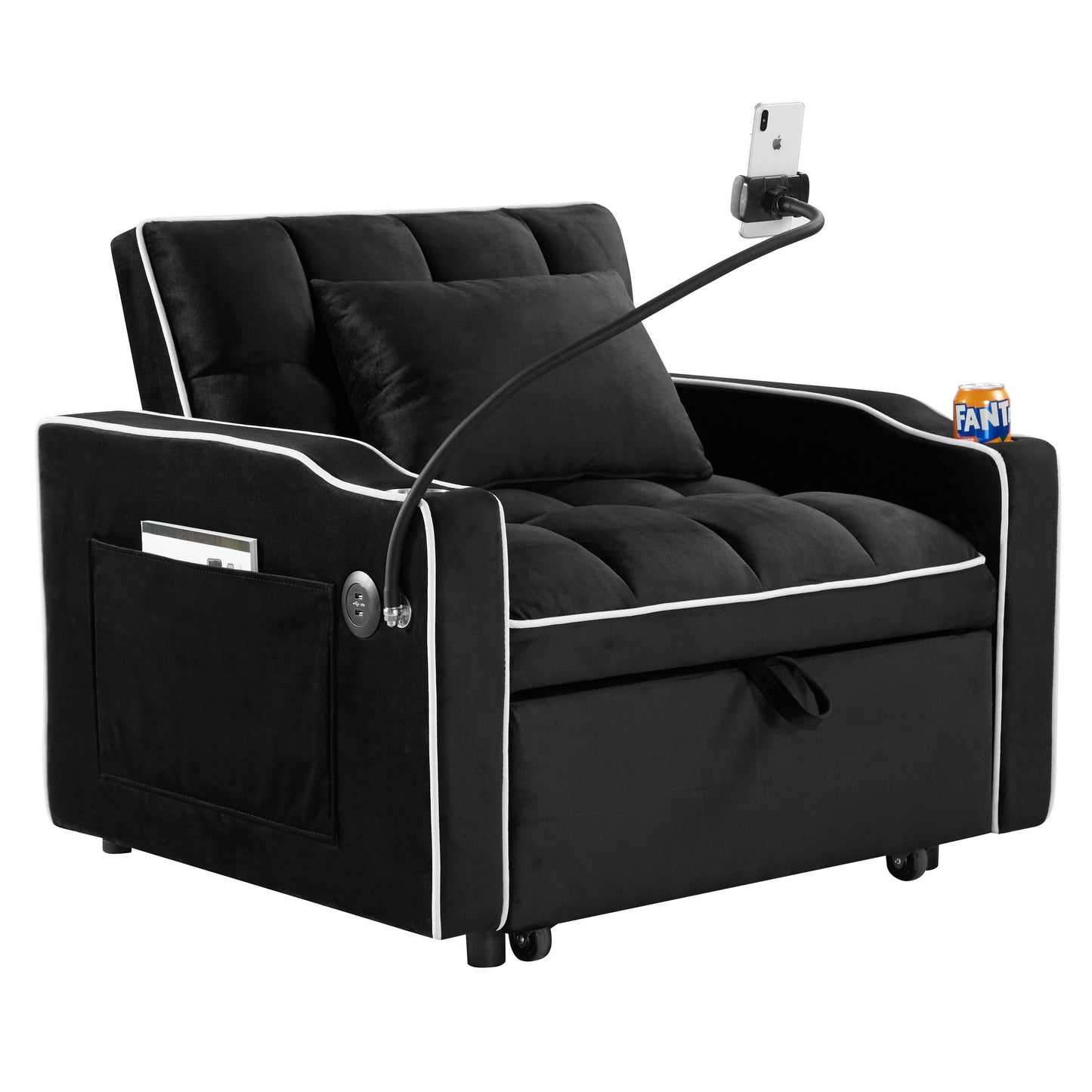 Velvet Single Convertible Sofa Bed with USB Charging Port