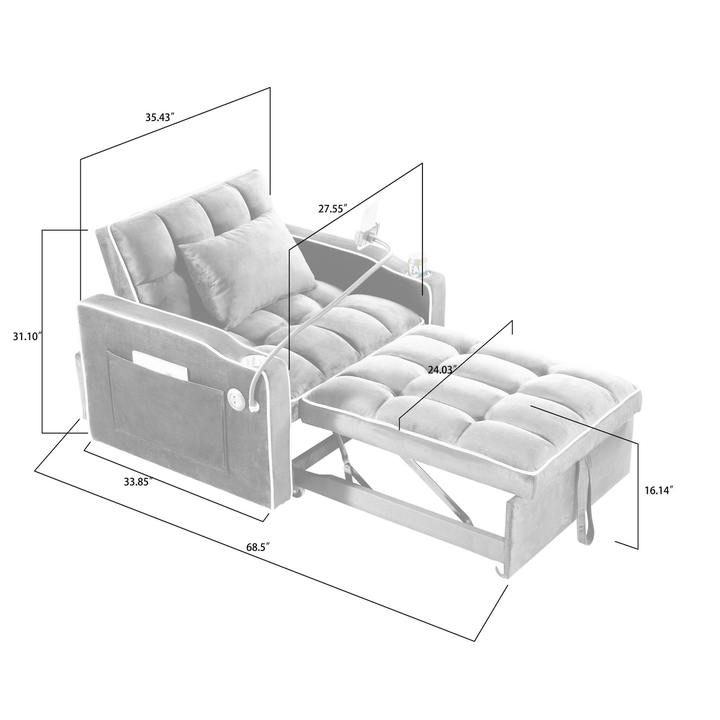 Velvet Single Convertible Sofa Bed with USB Charging Port
