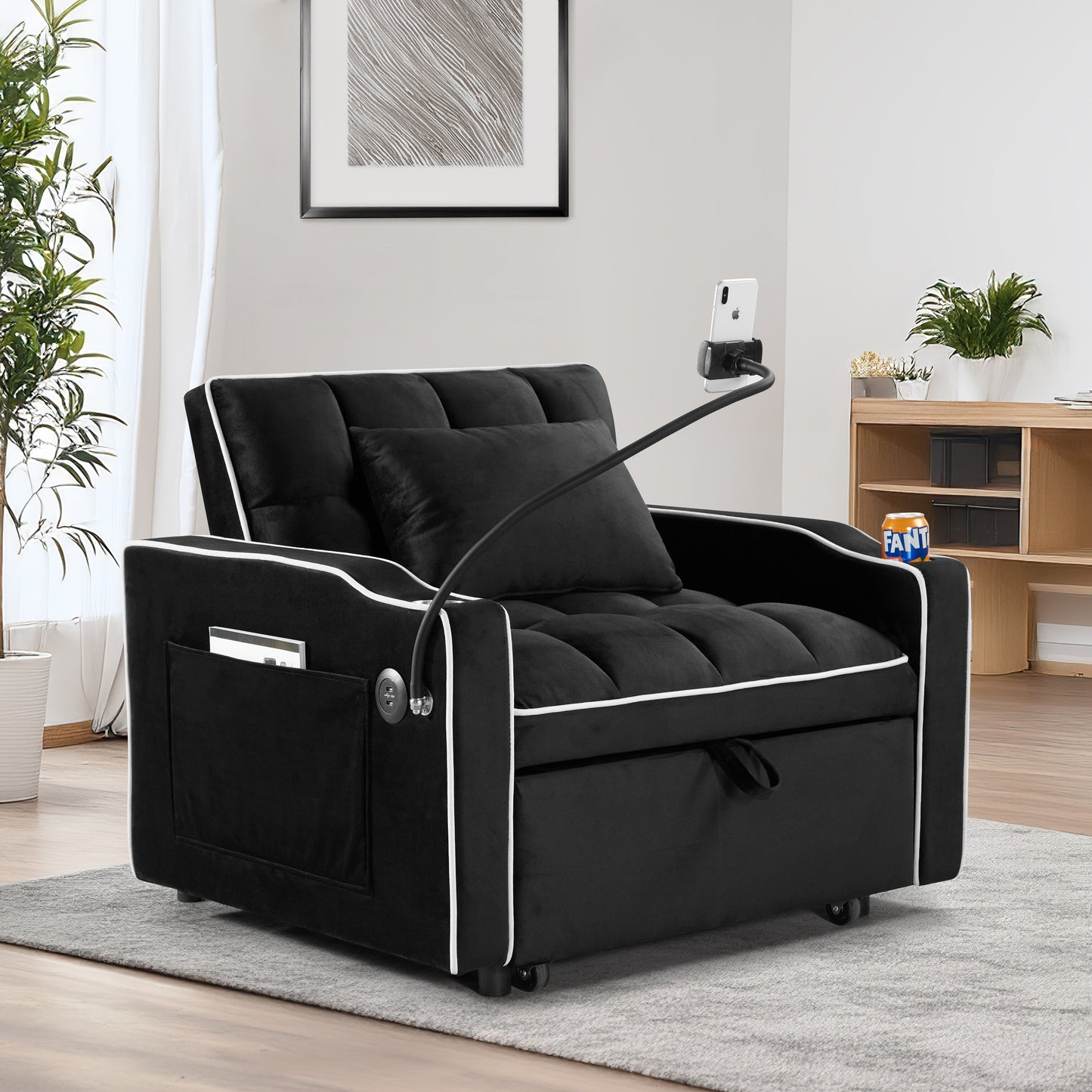 Velvet Single Convertible Sofa Bed with USB Charging Port