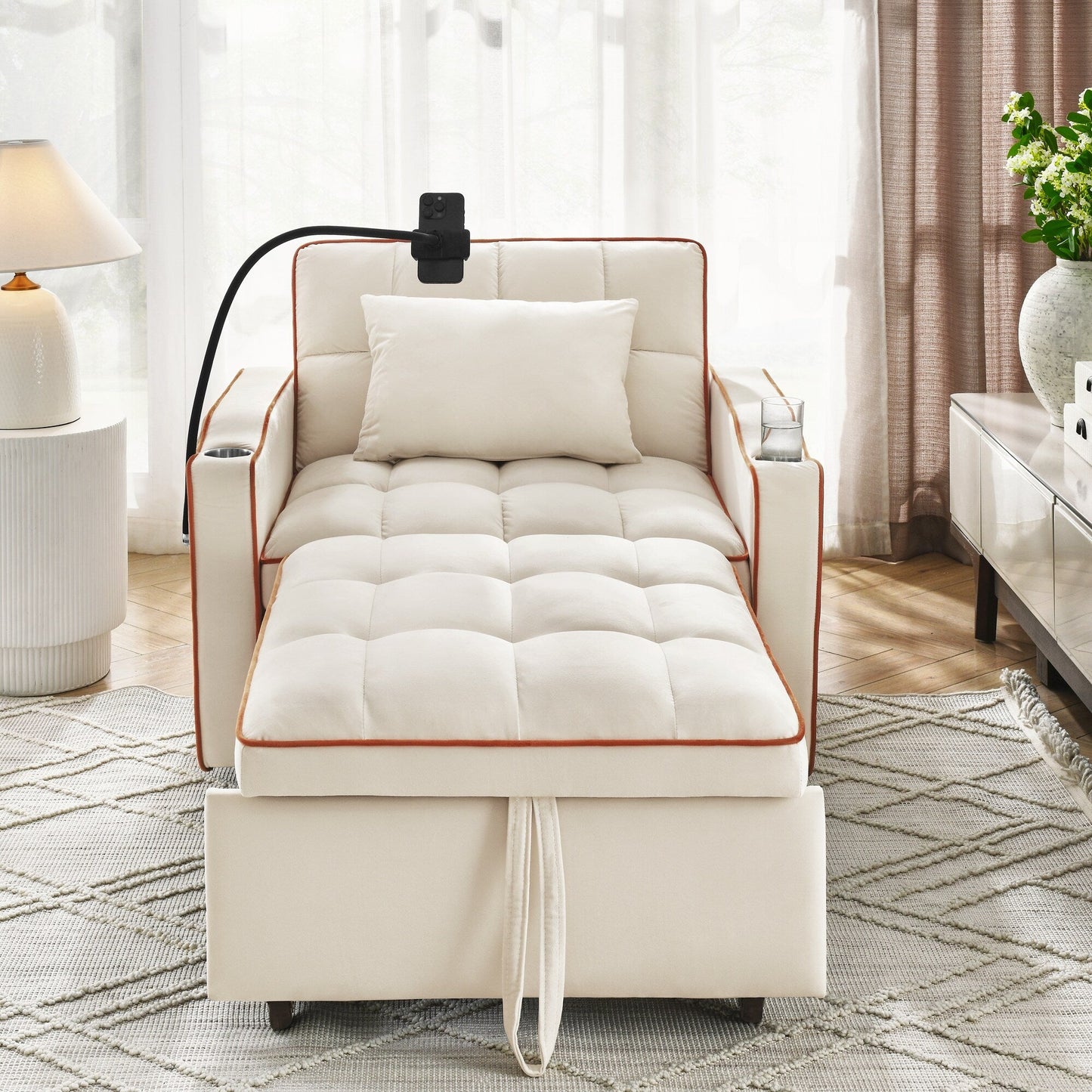 Velvet Single Convertible Sofa Bed with USB Charging Port