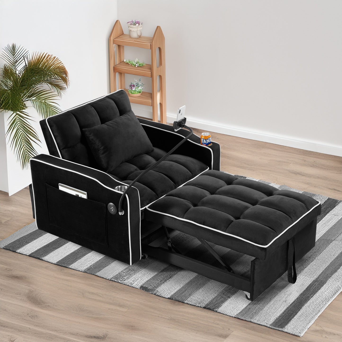 Velvet Single Convertible Sofa Bed with USB Charging Port