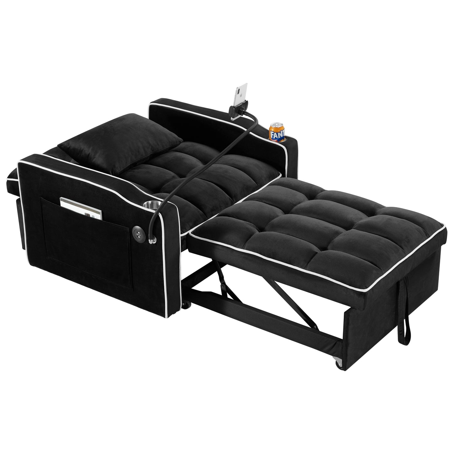 Velvet Single Convertible Sofa Bed with USB Charging Port