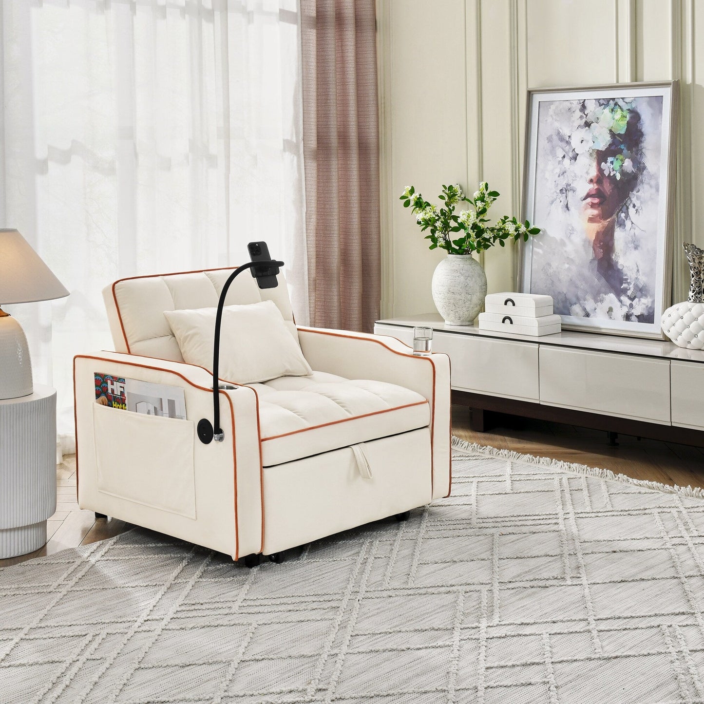 Velvet Single Convertible Sofa Bed with USB Charging Port