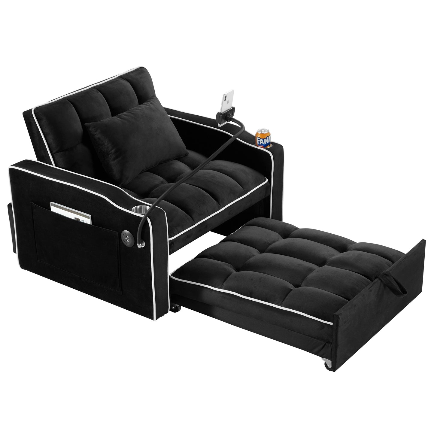 Velvet Single Convertible Sofa Bed with USB Charging Port