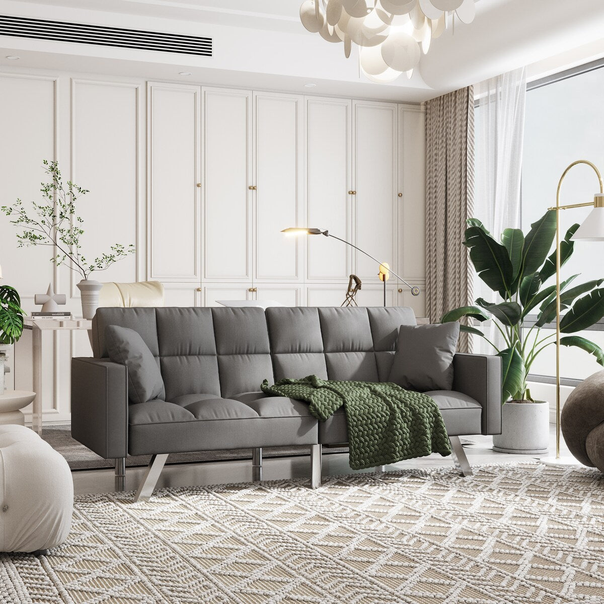 Velvet Sofa Couch Bed with Armrests and 2 Pillows