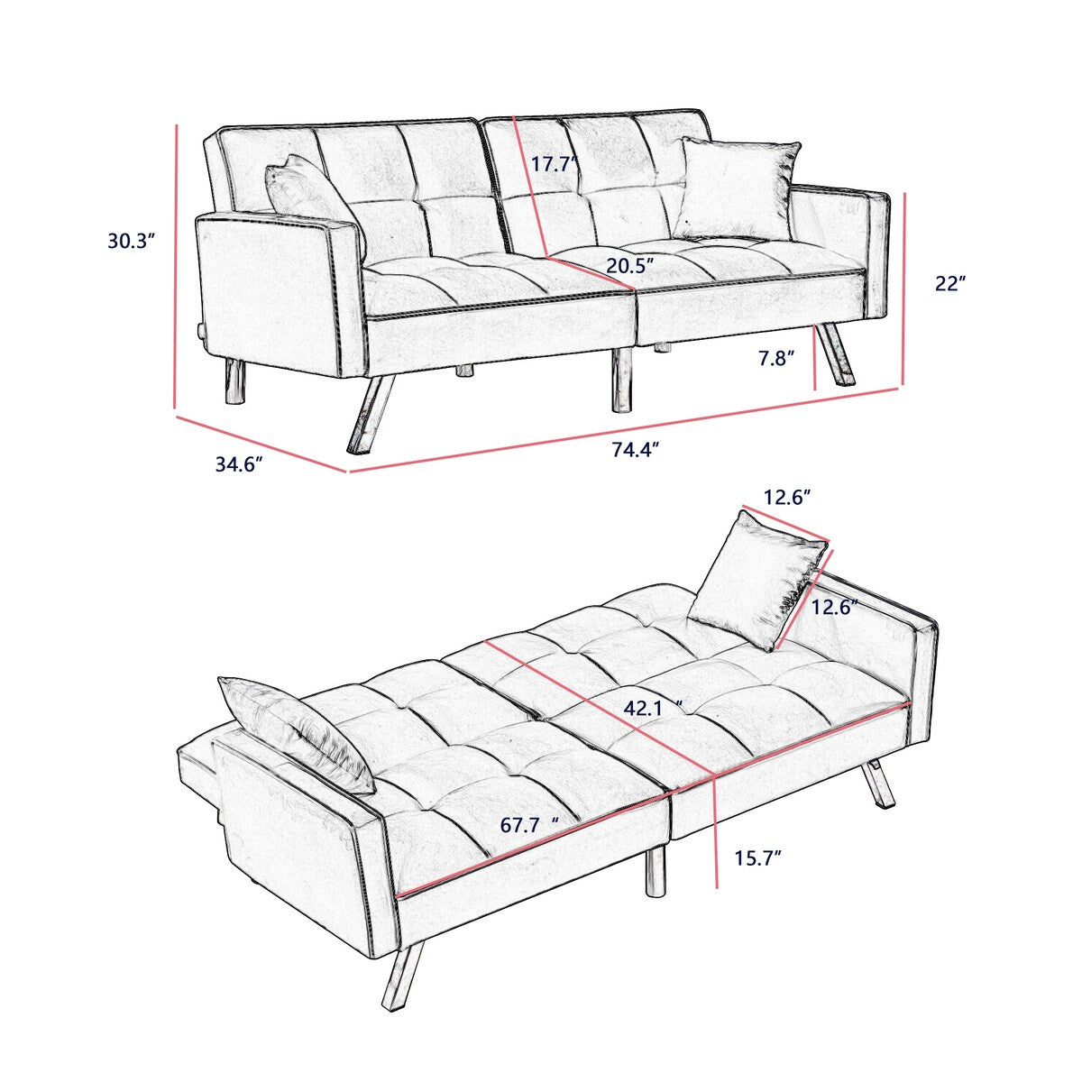 Velvet Sofa Couch Bed with Armrests and 2 Pillows