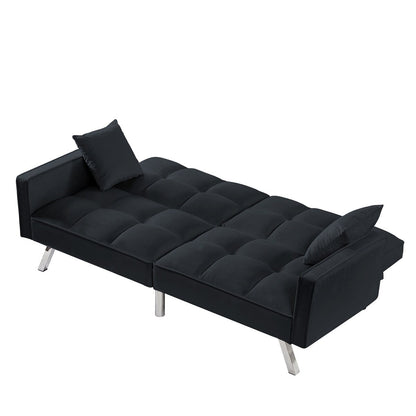 Velvet Sofa Couch Bed with Armrests and 2 Pillows