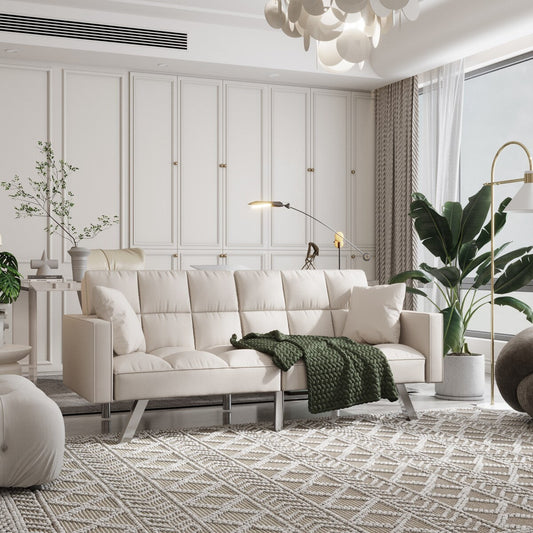 Velvet Sofa Couch Bed with Armrests and 2 Pillows