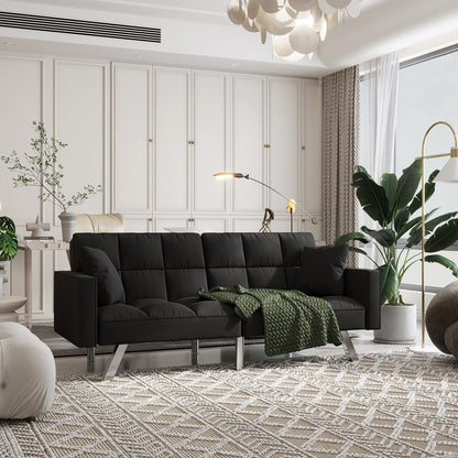 Velvet Sofa Couch Bed with Armrests and 2 Pillows