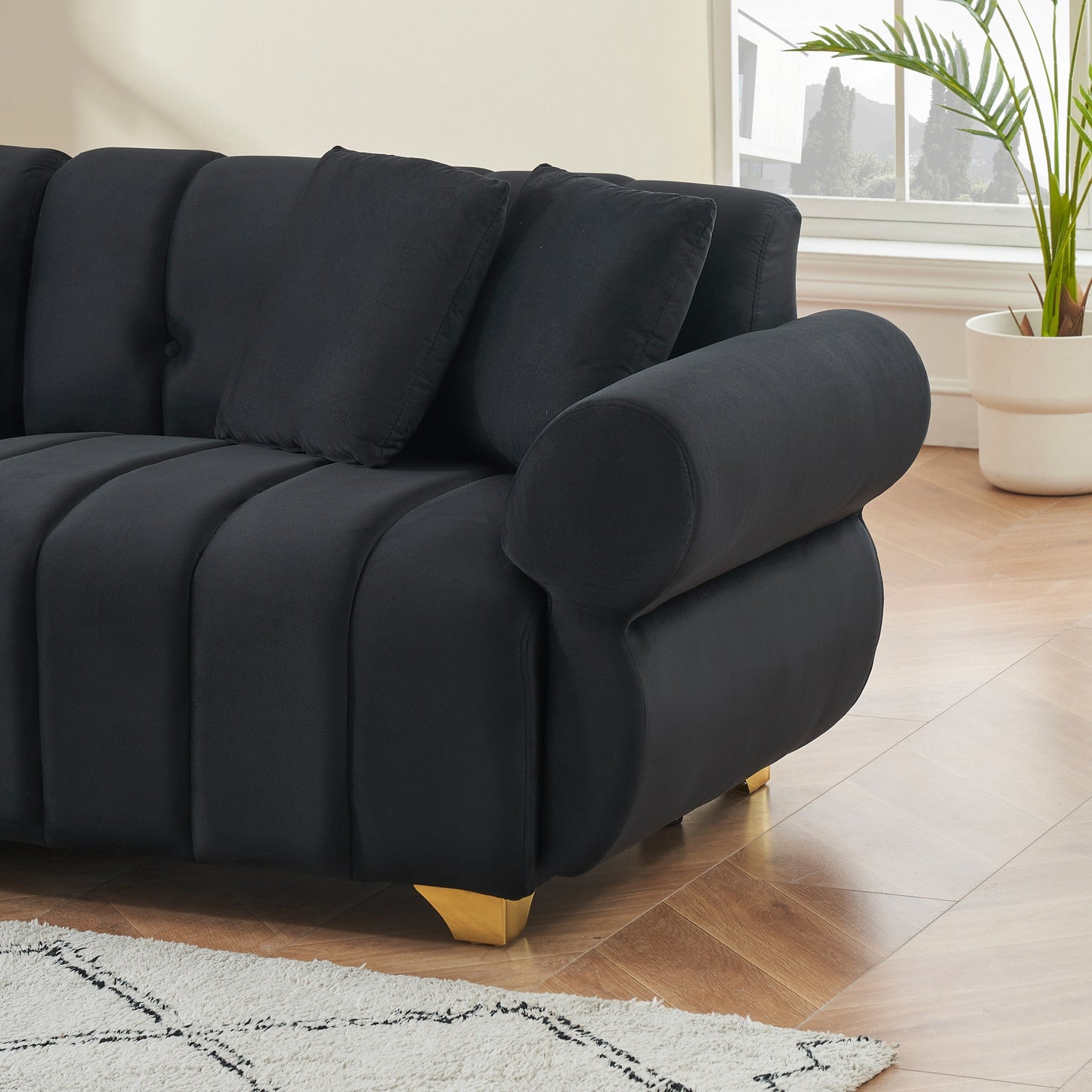 Velvet Sofas Lounge Couch with Round Armrests and Channel Tufting Back, Deep Seat Sofa with Metal Leg and 4 Throw Pillows