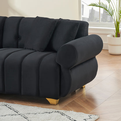 Velvet Sofas Lounge Couch with Round Armrests and Channel Tufting Back, Deep Seat Sofa with Metal Leg and 4 Throw Pillows