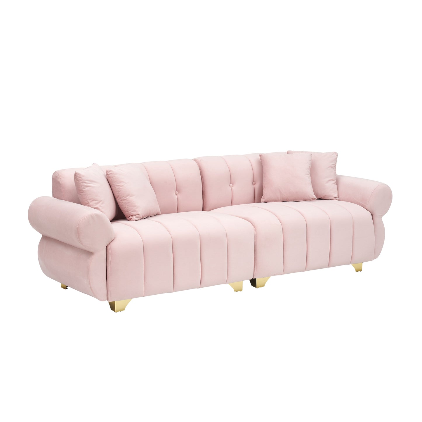Velvet Sofas Lounge Couch with Round Armrests and Channel Tufting Back, Deep Seat Sofa with Metal Leg and 4 Throw Pillows