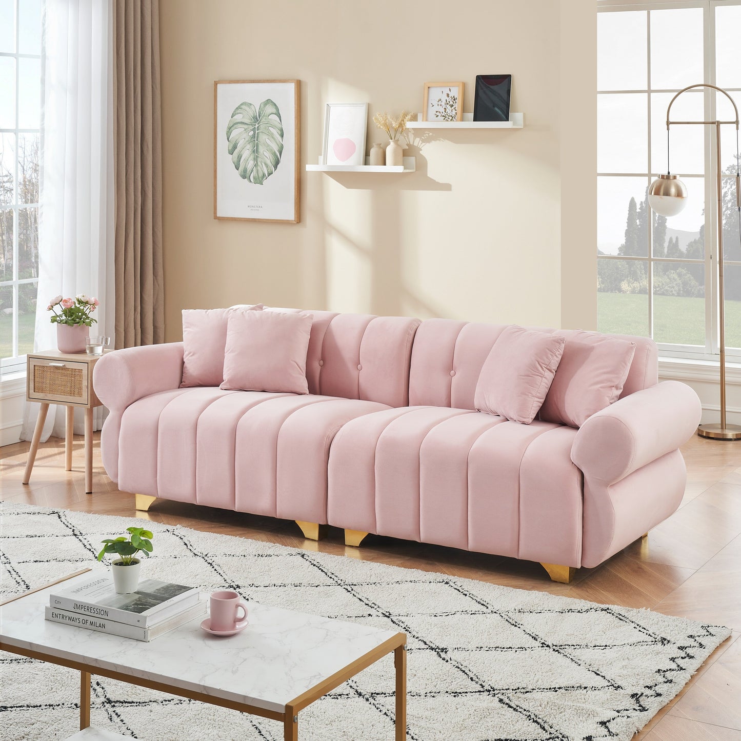 Velvet Sofas Lounge Couch with Round Armrests and Channel Tufting Back, Deep Seat Sofa with Metal Leg and 4 Throw Pillows