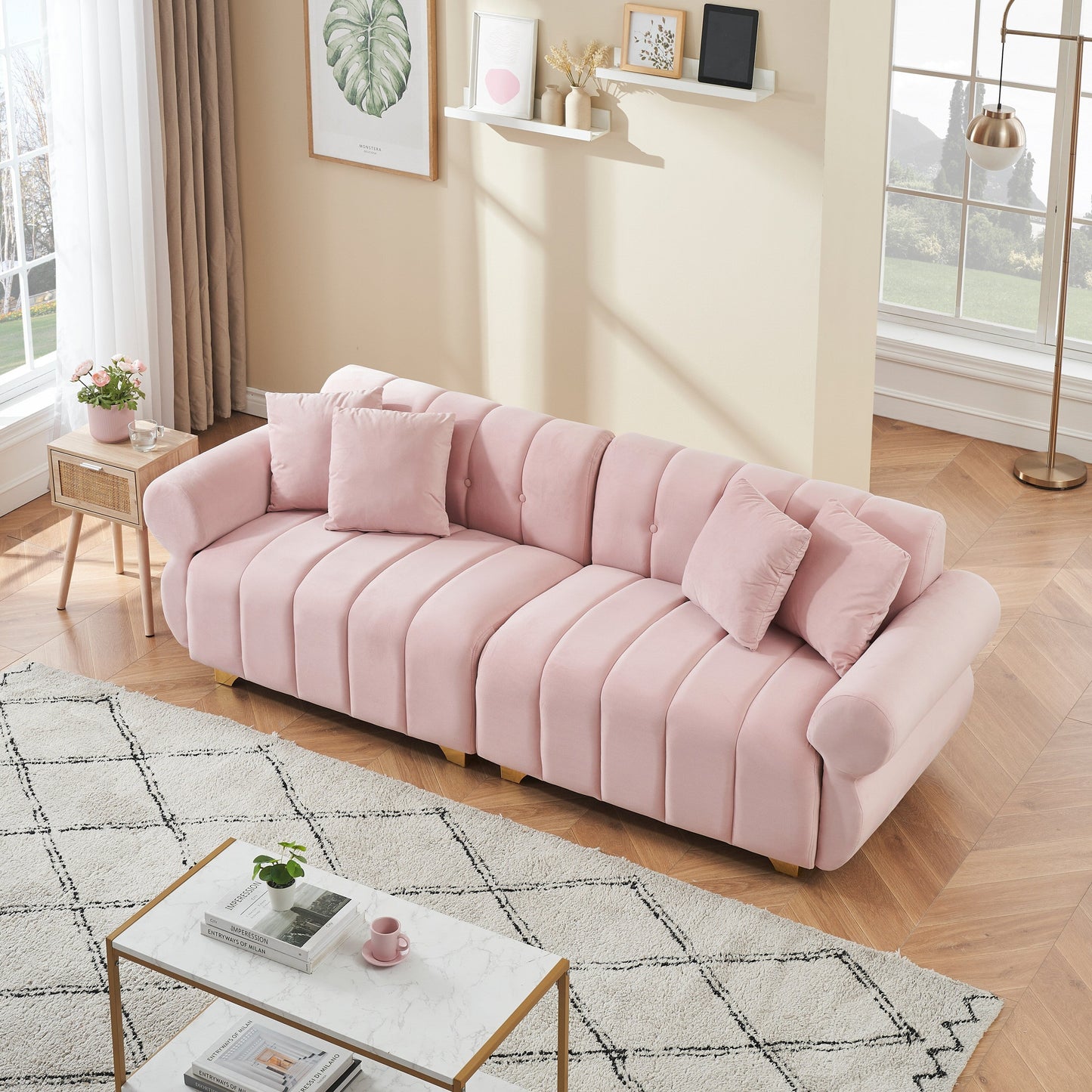 Velvet Sofas Lounge Couch with Round Armrests and Channel Tufting Back, Deep Seat Sofa with Metal Leg and 4 Throw Pillows