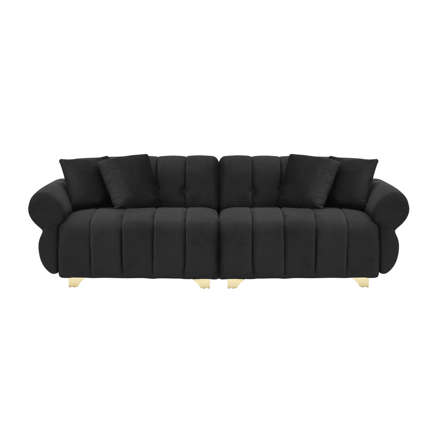 Velvet Sofas Lounge Couch with Round Armrests and Channel Tufting Back, Deep Seat Sofa with Metal Leg and 4 Throw Pillows