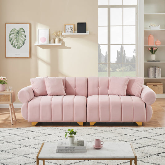 Velvet Sofas Lounge Couch with Round Armrests and Channel Tufting Back, Deep Seat Sofa with Metal Leg and 4 Throw Pillows