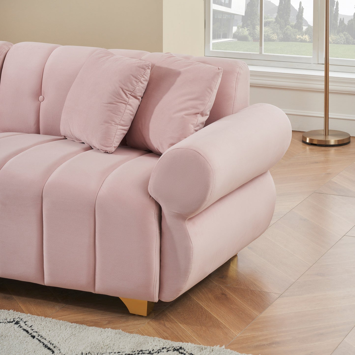 Velvet Sofas Lounge Couch with Round Armrests and Channel Tufting Back, Deep Seat Sofa with Metal Leg and 4 Throw Pillows
