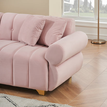 Velvet Sofas Lounge Couch with Round Armrests and Channel Tufting Back, Deep Seat Sofa with Metal Leg and 4 Throw Pillows