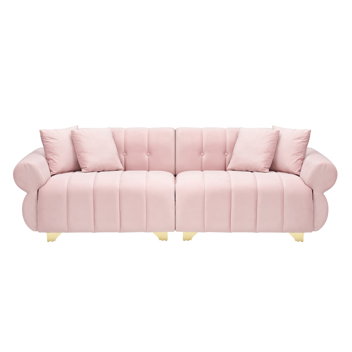 Velvet Sofas Lounge Couch with Round Armrests and Channel Tufting Back, Deep Seat Sofa with Metal Leg and 4 Throw Pillows
