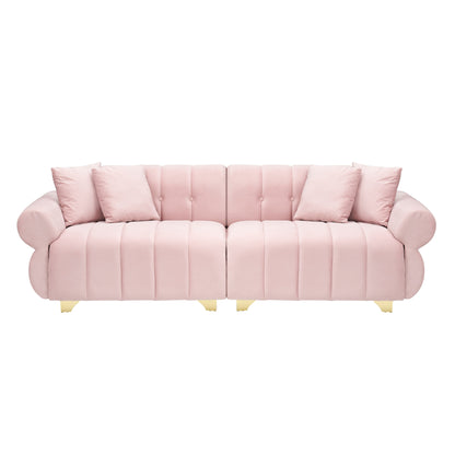 Velvet Sofas Lounge Couch with Round Armrests and Channel Tufting Back, Deep Seat Sofa with Metal Leg and 4 Throw Pillows