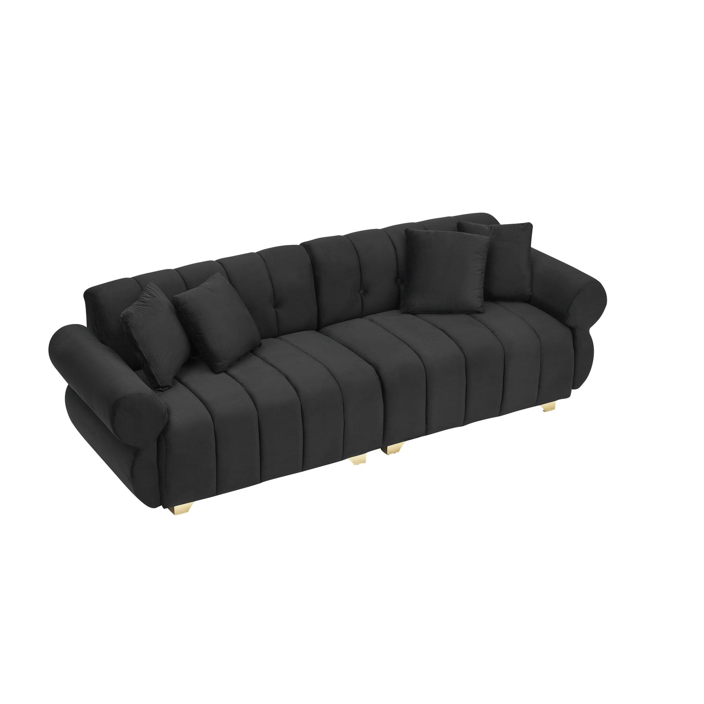 Velvet Sofas Lounge Couch with Round Armrests and Channel Tufting Back, Deep Seat Sofa with Metal Leg and 4 Throw Pillows