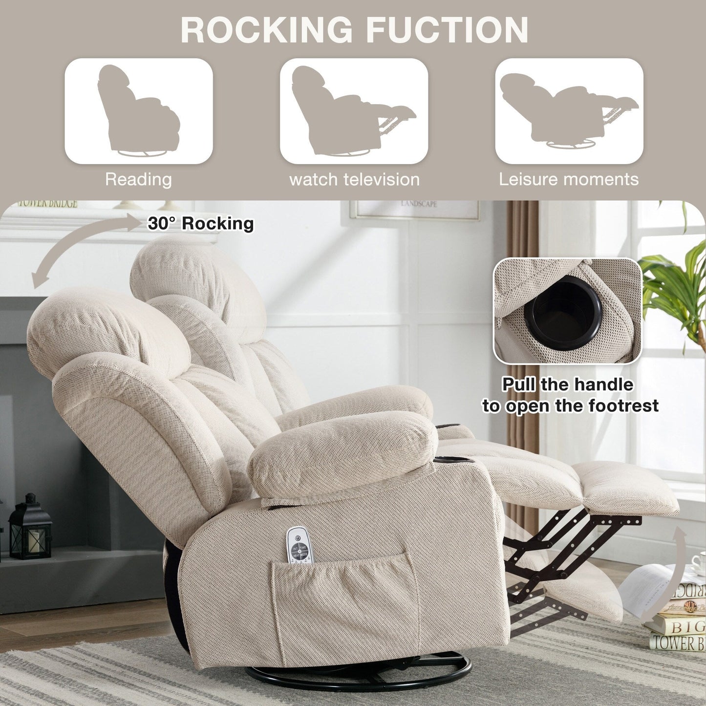Velvet Swivel Recliner Lounge Chair with Massage and Heat, 360° Rotation, USB Charging Port, Dual Cup Holders