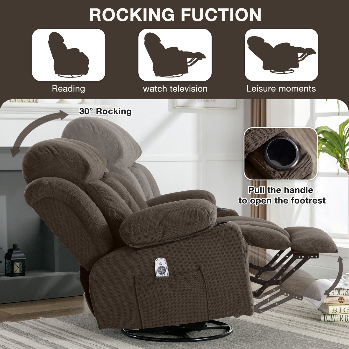 Velvet Swivel Recliner Lounge Chair with Massage and Heat, 360° Rotation, USB Charging Port, Dual Cup Holders