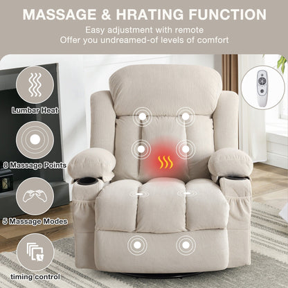 Velvet Swivel Recliner Lounge Chair with Massage and Heat, 360° Rotation, USB Charging Port, Dual Cup Holders