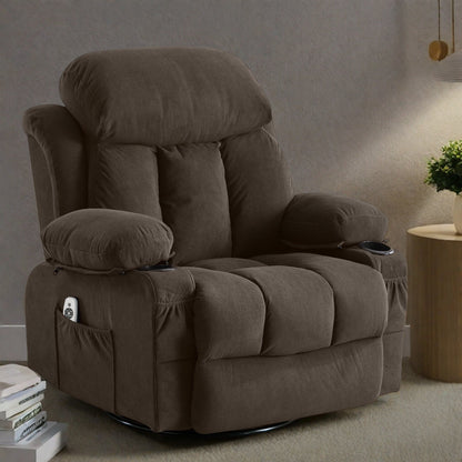 Velvet Swivel Recliner Lounge Chair with Massage and Heat, 360° Rotation, USB Charging Port, Dual Cup Holders