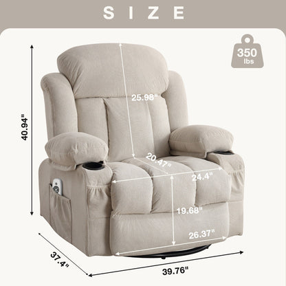 Velvet Swivel Recliner Lounge Chair with Massage and Heat, 360° Rotation, USB Charging Port, Dual Cup Holders