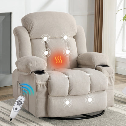Velvet Swivel Recliner Lounge Chair with Massage, Heat & USB