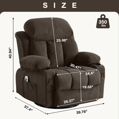 Velvet Swivel Recliner Lounge Chair with Massage, Heat & USB