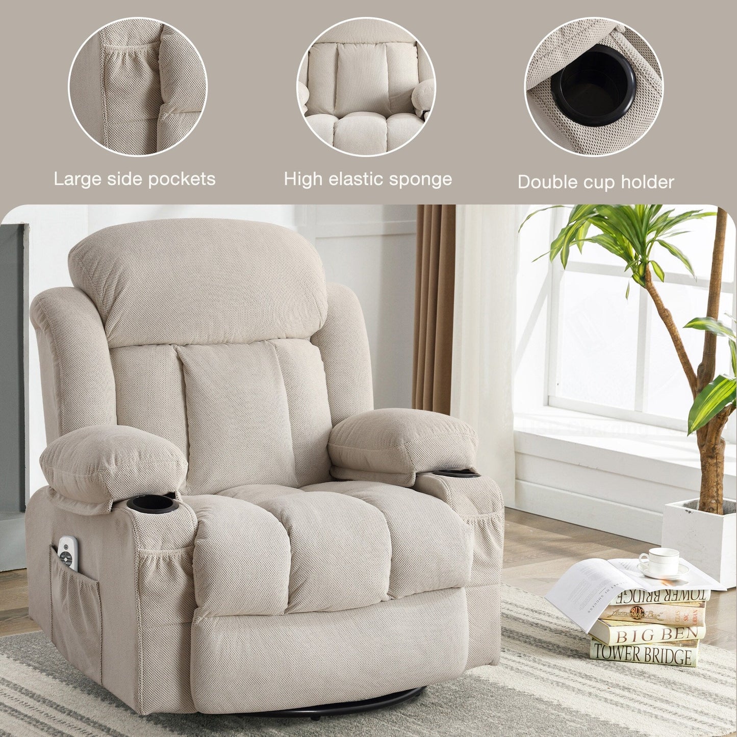 Velvet Swivel Recliner Lounge Chair with Massage, Heat & USB