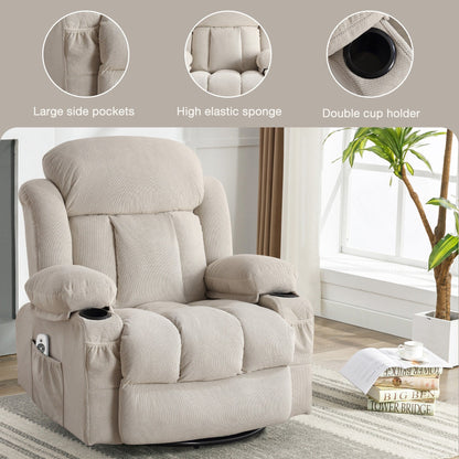 Velvet Swivel Recliner Lounge Chair with Massage, Heat & USB