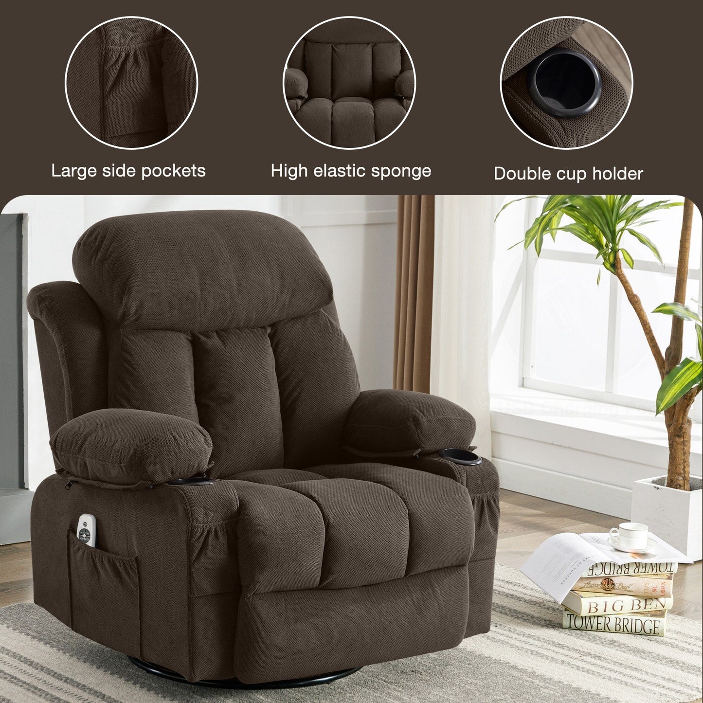 Velvet Swivel Recliner Lounge Chair with Massage, Heat & USB