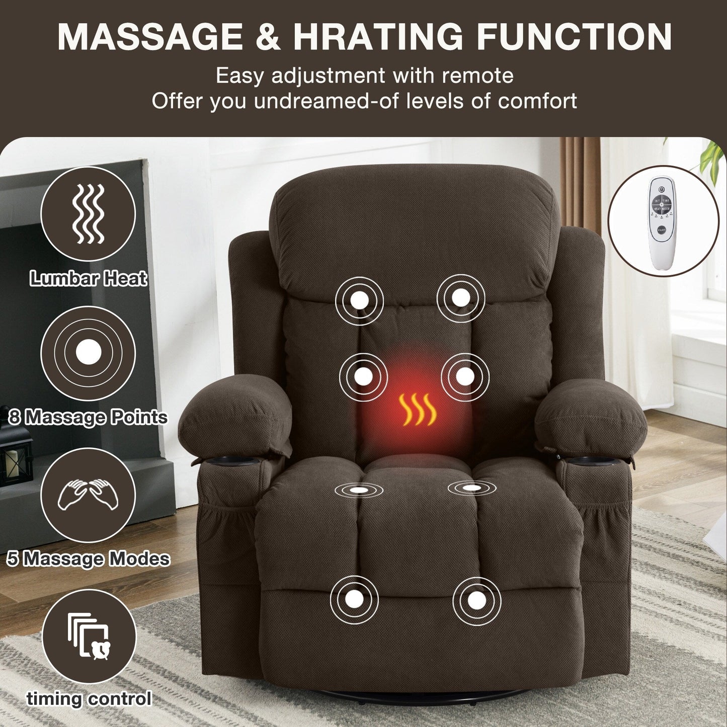 Velvet Swivel Recliner Lounge Chair with Massage, Heat & USB