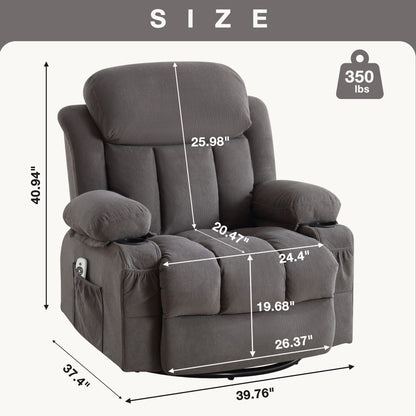 Velvet Swivel Recliner Lounge Chair with Massage, Heat & USB