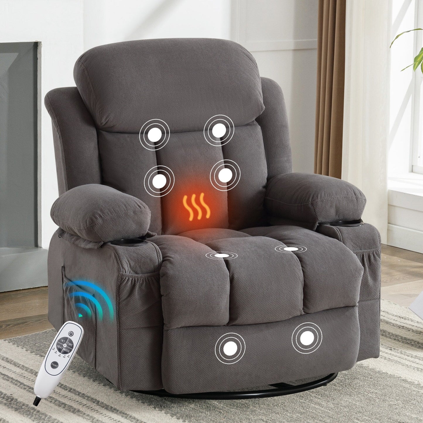 Velvet Swivel Recliner Lounge Chair with Massage, Heat & USB