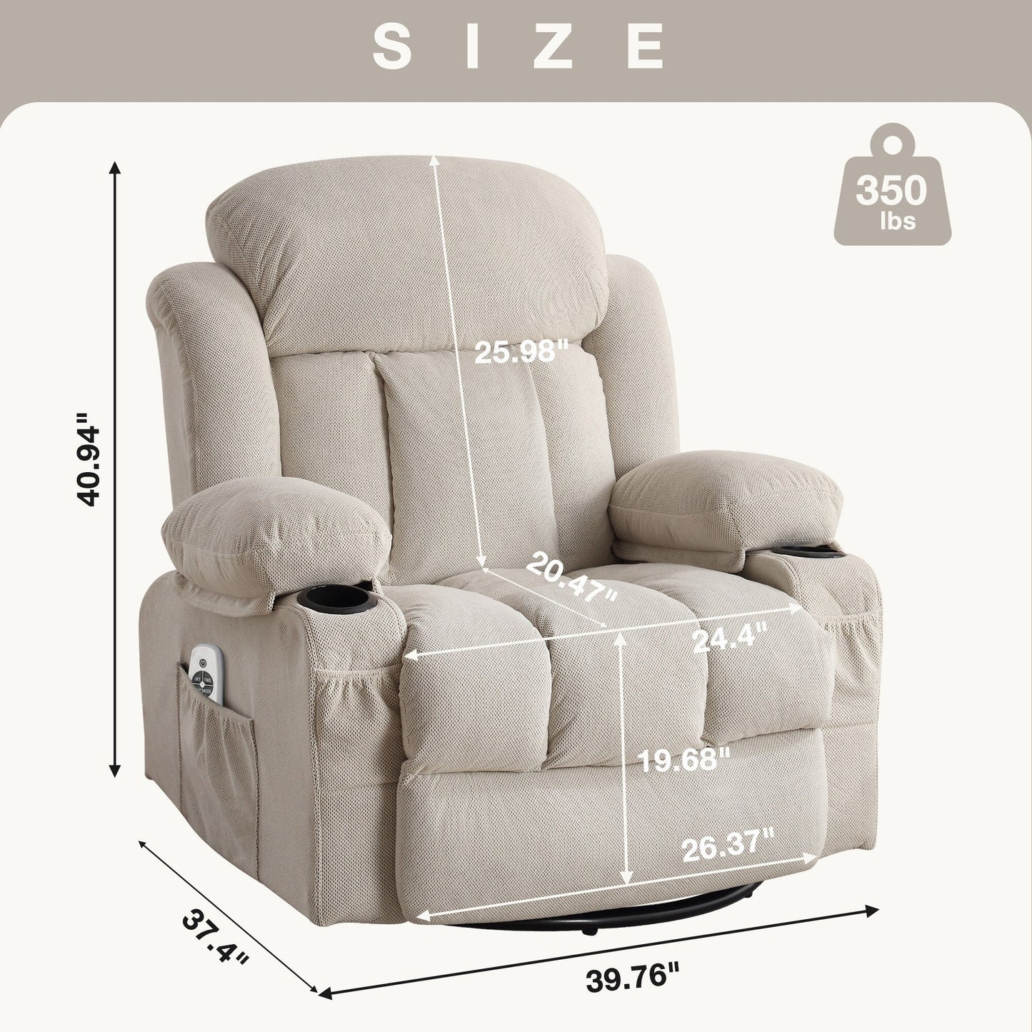 Velvet Swivel Recliner Lounge Chair with Massage, Heat & USB