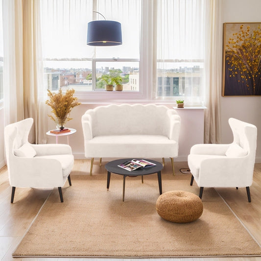 Velvet Tuft Thick Cushion Metal Legs Loveseat Two Accent Chairs