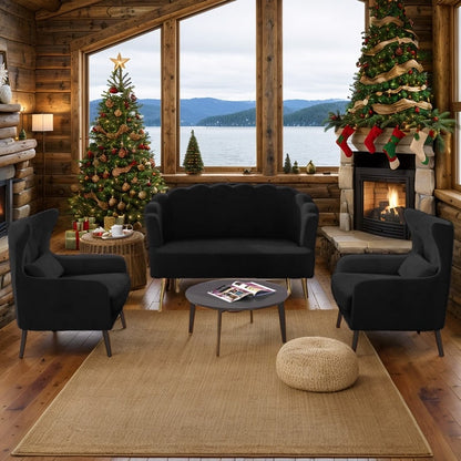 Velvet Tuft Thick Cushion Metal Legs Loveseat Two Accent Chairs