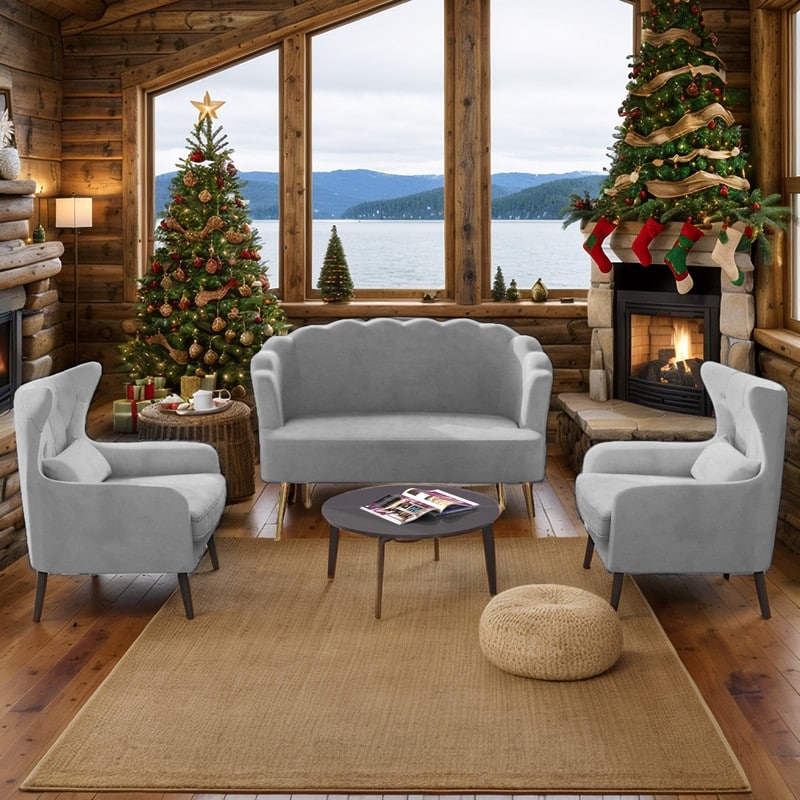 Velvet Tuft Thick Cushion Metal Legs Loveseat Two Accent Chairs