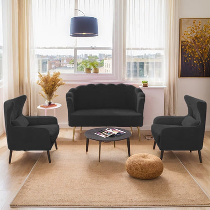Velvet Tuft Thick Cushion Metal Legs Loveseat Two Accent Chairs
