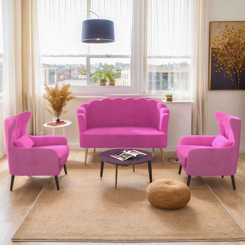 Velvet Tuft Thick Cushion Metal Legs Loveseat Two Accent Chairs