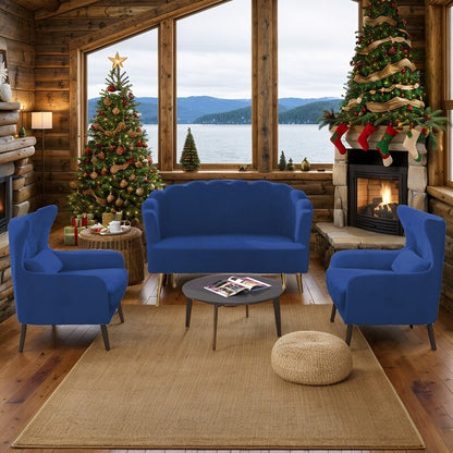 Velvet Tuft Thick Cushion Metal Legs Loveseat Two Accent Chairs
