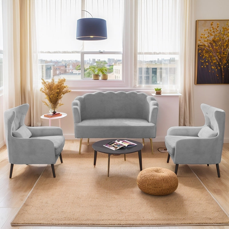Velvet Tuft Thick Cushion Metal Legs Loveseat Two Accent Chairs