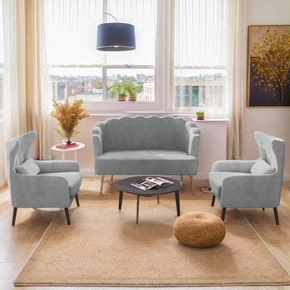 Velvet Tuft Thick Cushion Metal Legs Loveseat Two Accent Chairs