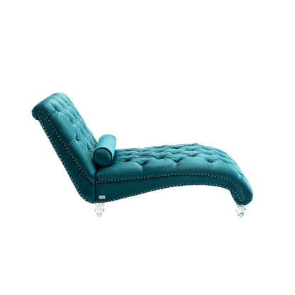Velvet Tufted Chaise Lounge Chair Ergonomic S Shape Recliner with Pillow, Nailhead Trim and Acrylic Legs for Indoor Use